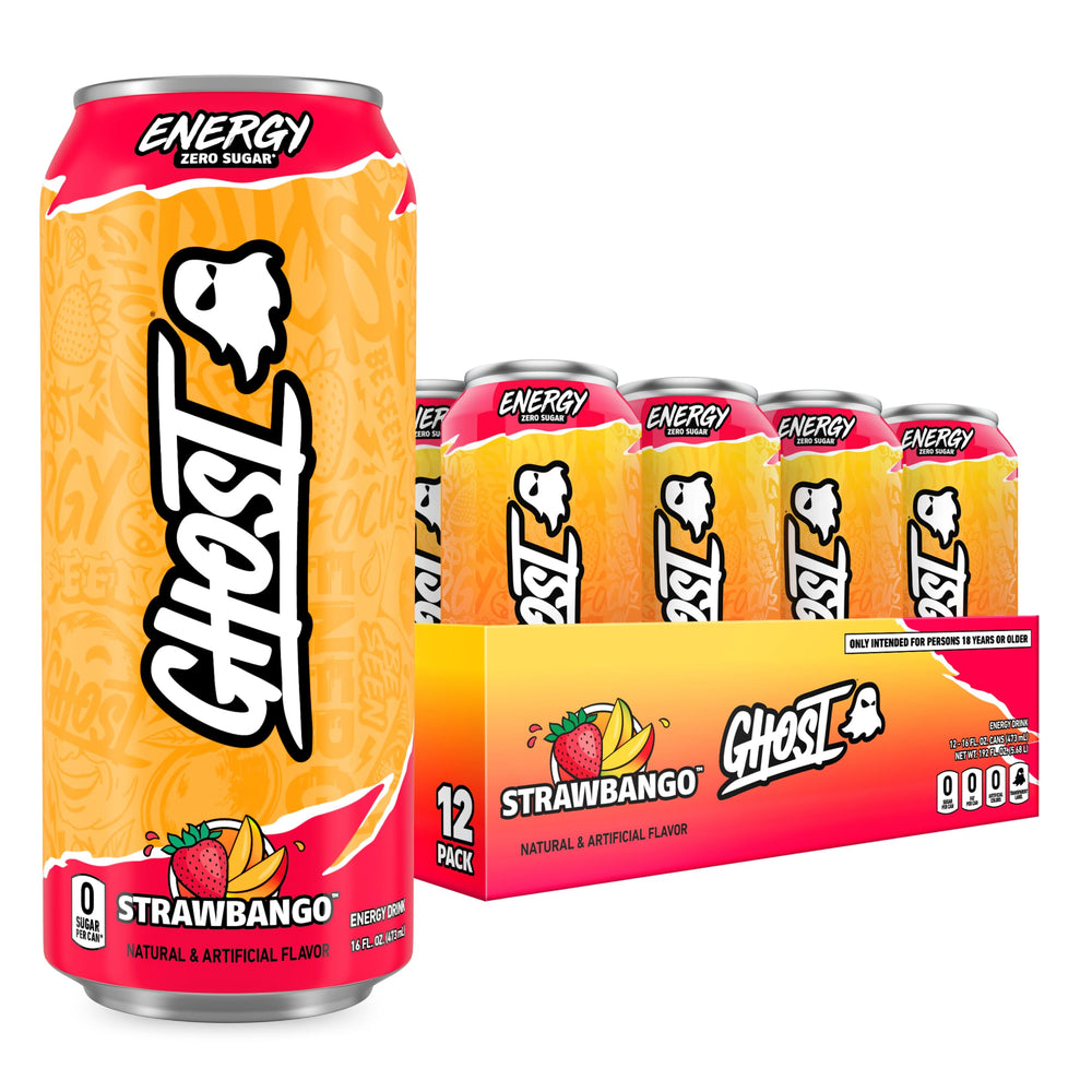 GHOST Energy Strawbango can close-up showing a smooth, focused boost