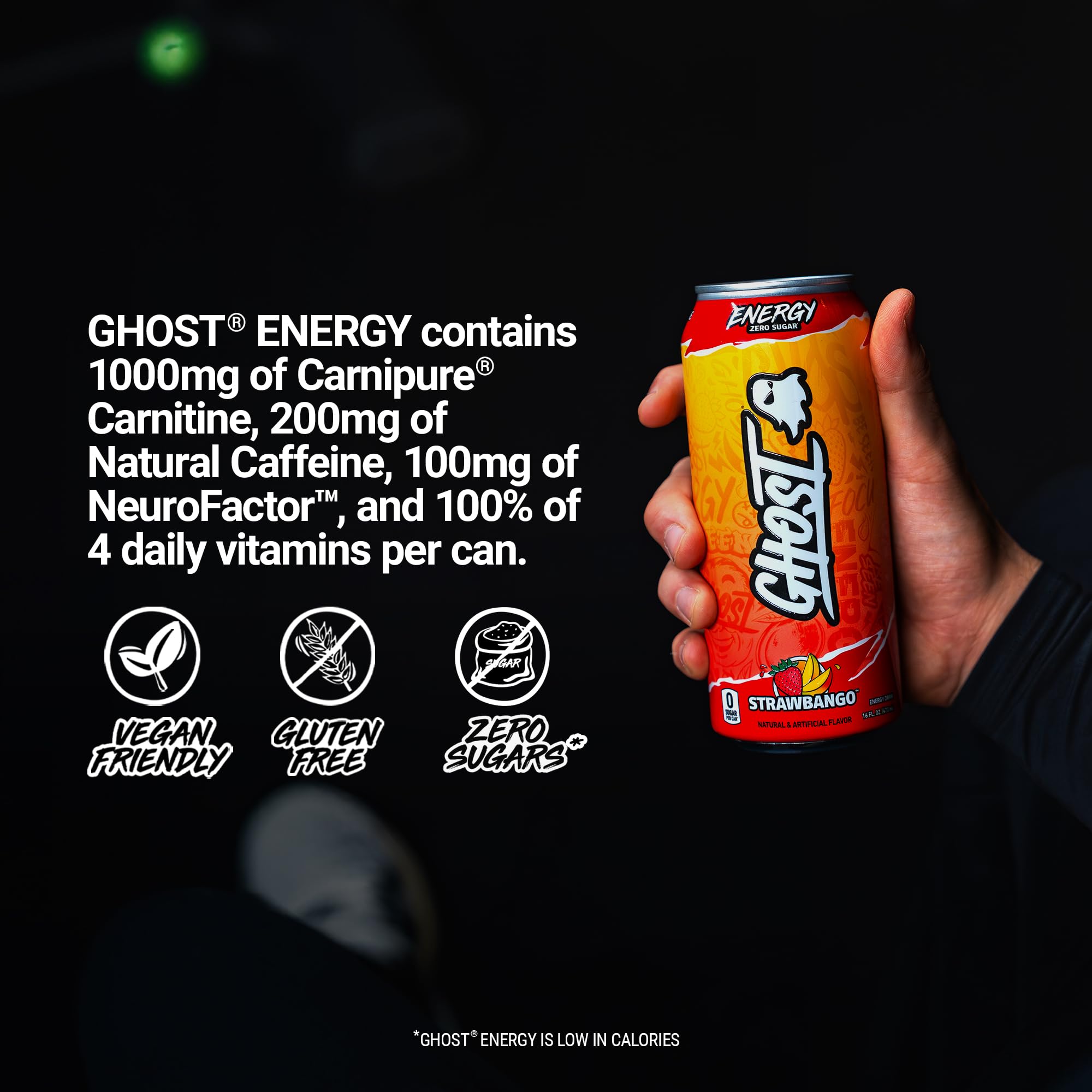 GHOST Energy Strawbango label highlights transparent ingredients