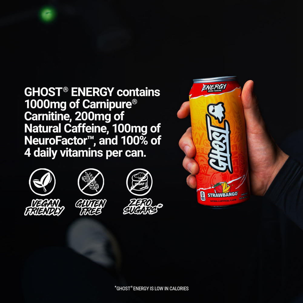 GHOST Energy Strawbango label highlights transparent ingredients
