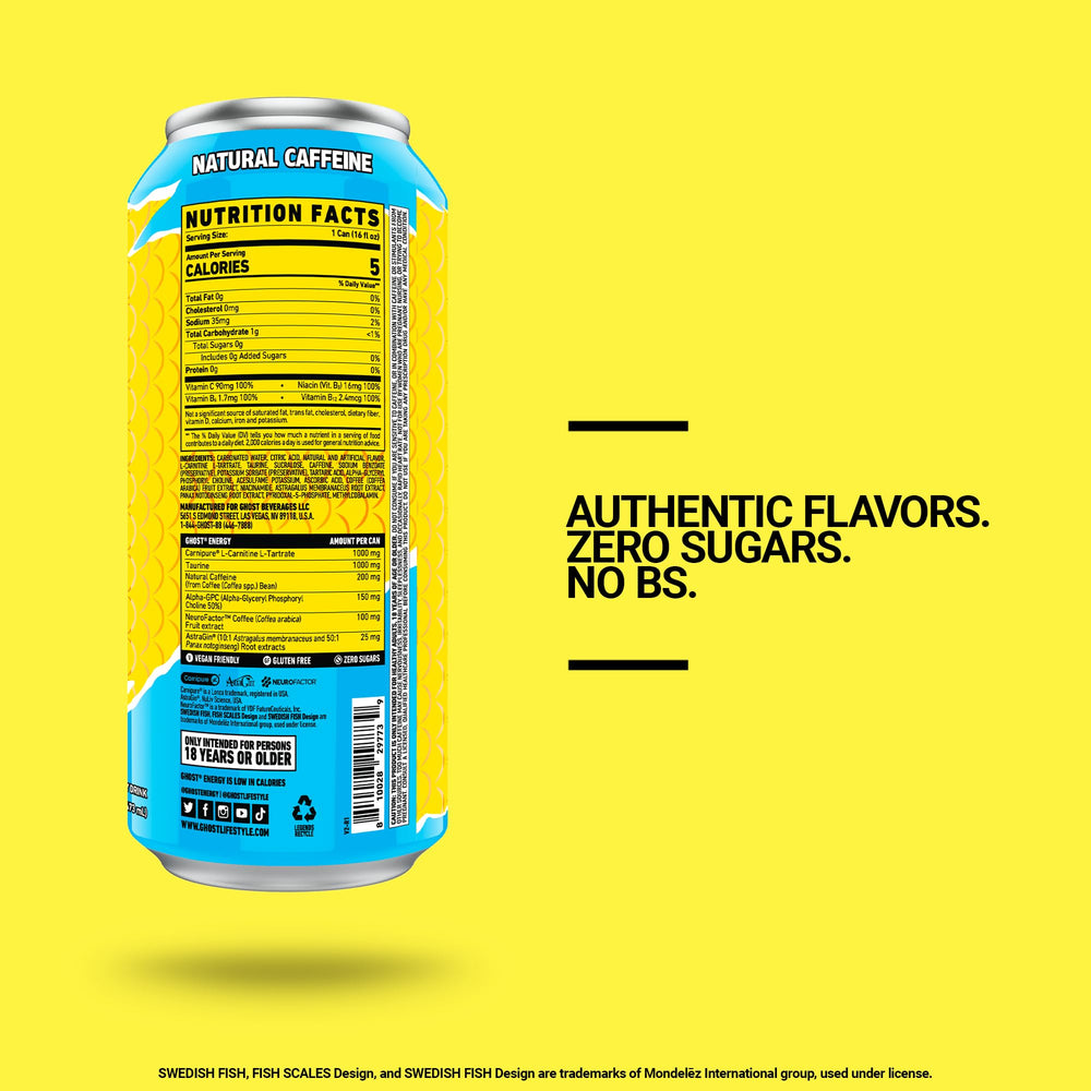 Ghost Energy Swedish Fish can back view highlights flavor and focus-friendly formula.