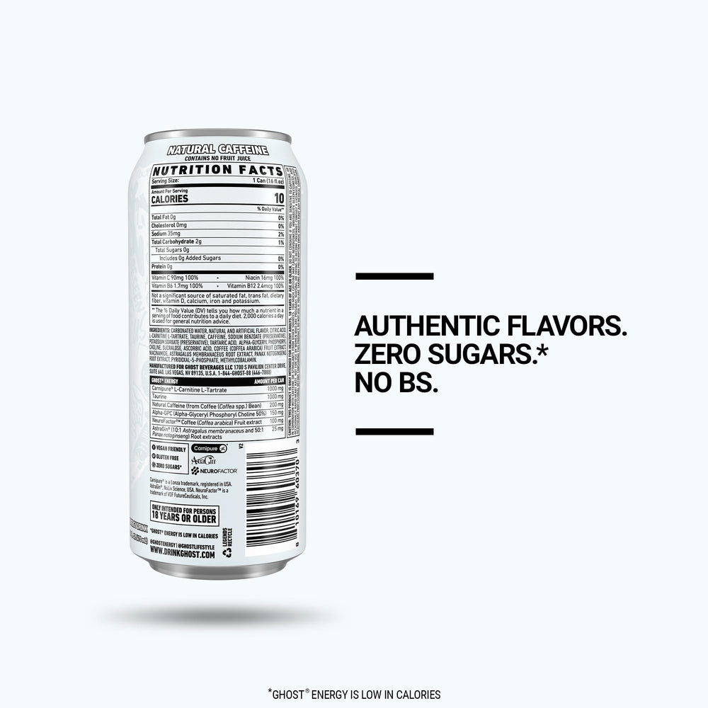 Ghost Energy transparent label close-up showing full ingredient disclosure