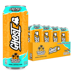 GHOST Energy Tropical Mango can front view for on-the-go energy and focus