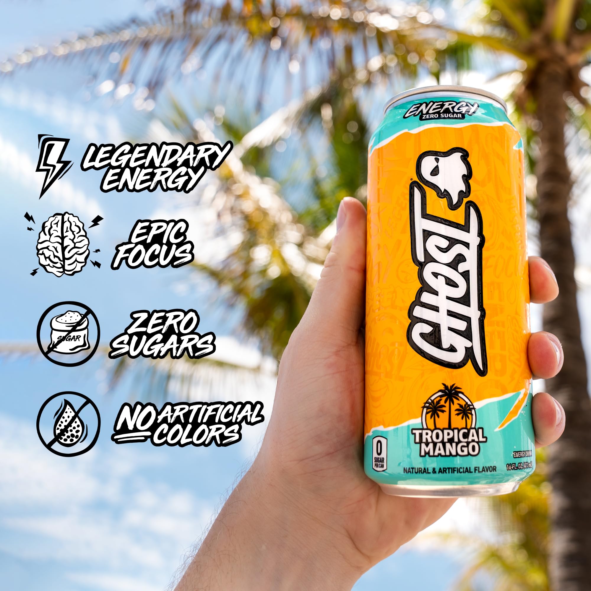 GHOST Energy Tropical Mango cans in fridge for quick refreshment