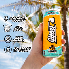 GHOST Energy Tropical Mango cans in fridge for quick refreshment