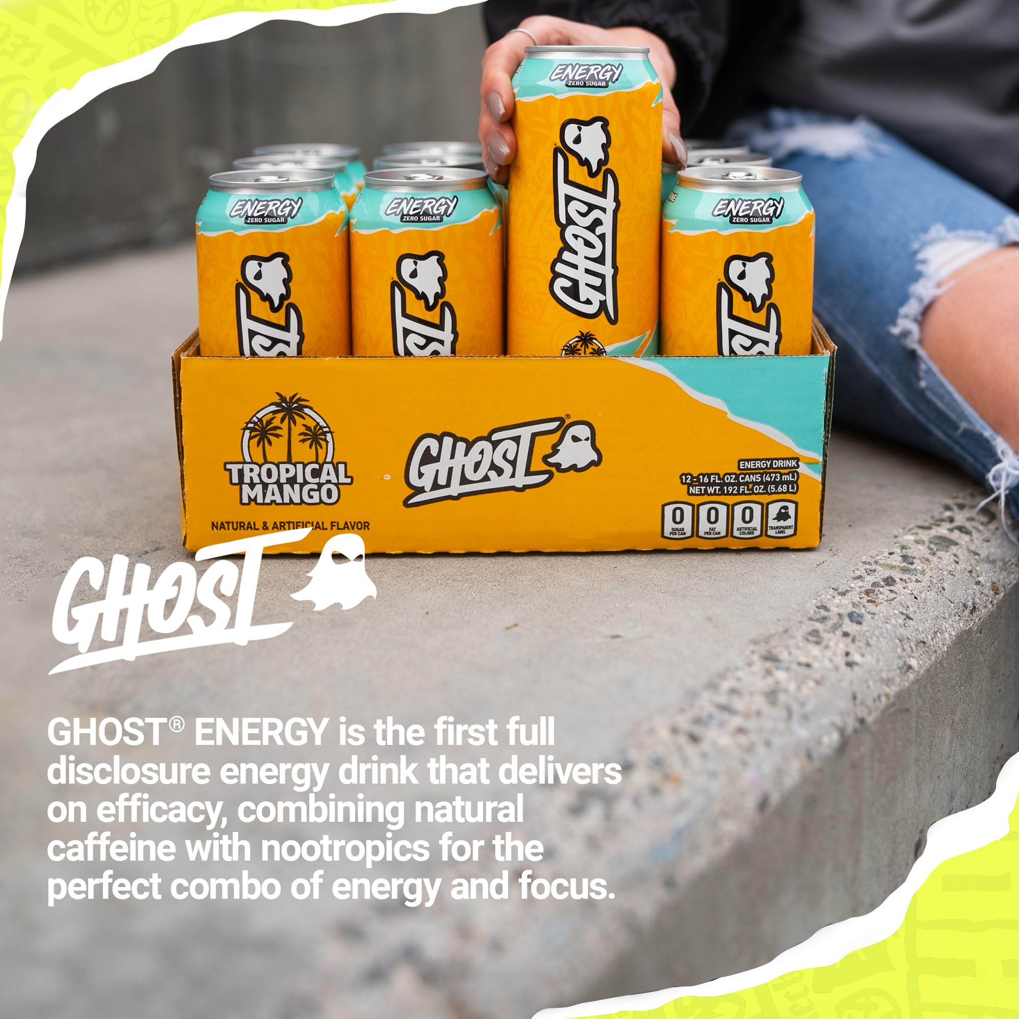 GHOST Energy Tropical Mango hero shot conveys bold flavor and lifestyle appeal