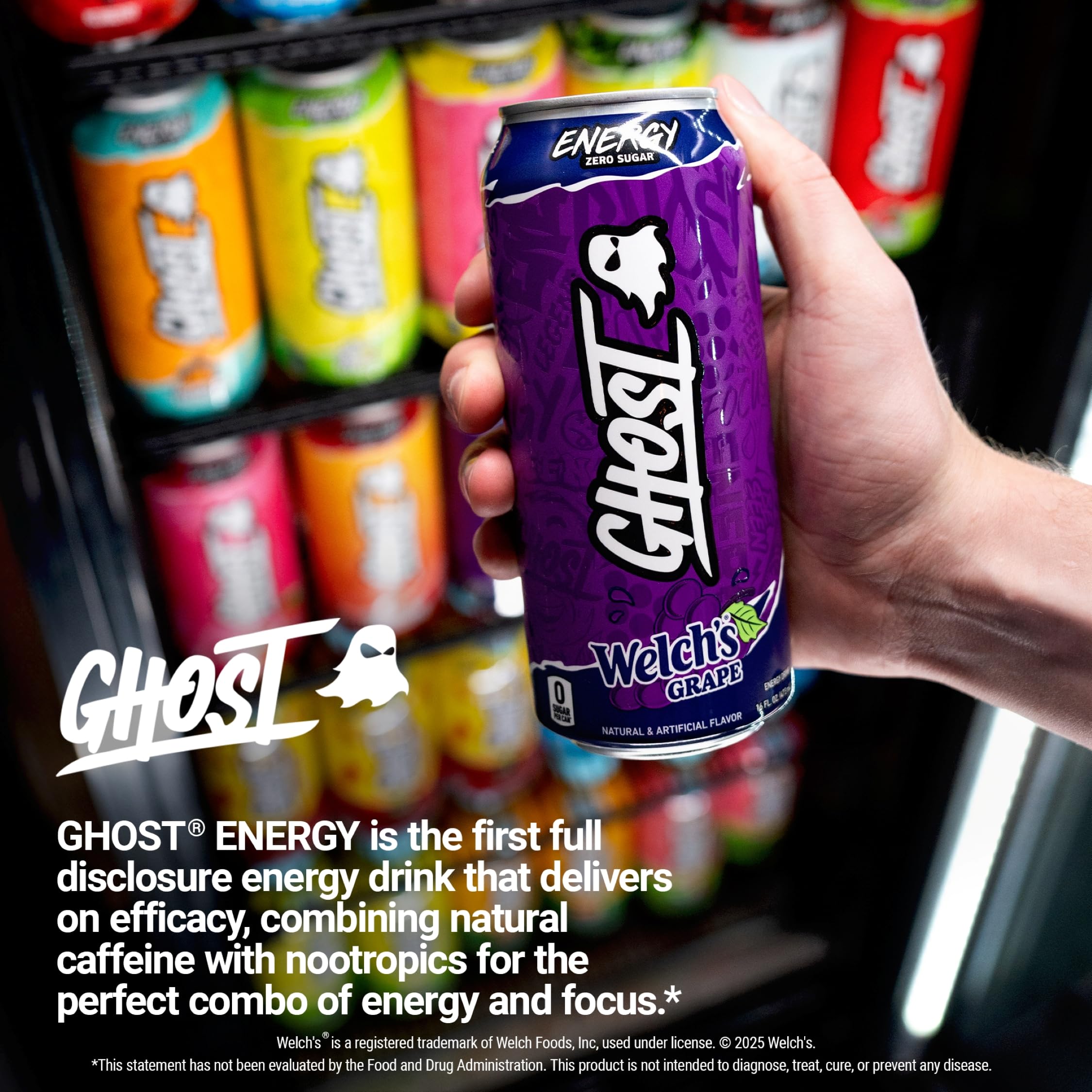 GHOST Energy Welch's Grape 16oz can poured into glass conveys focus