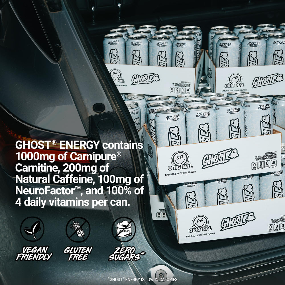 Ghost Energy zero sugars graphic emphasizing calorie-light option