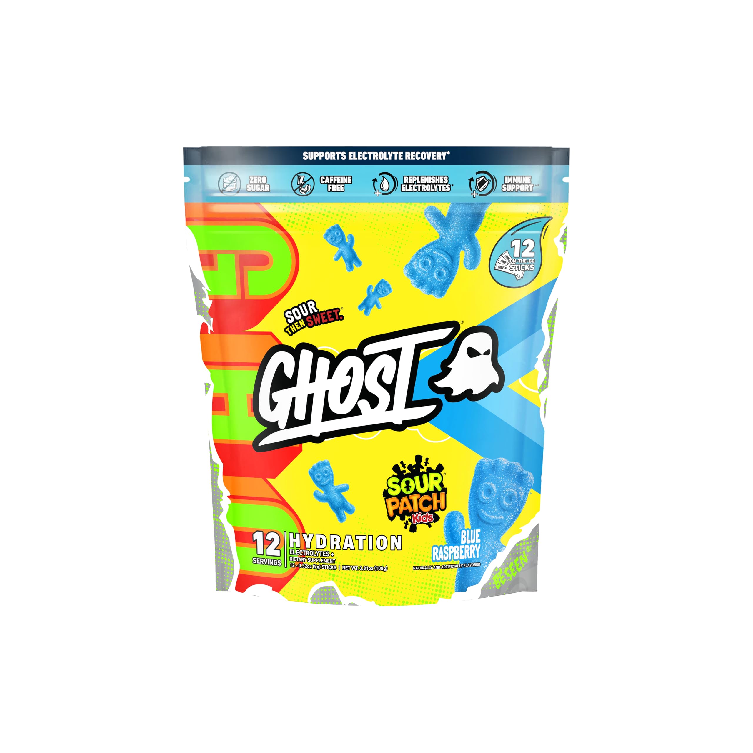 Ghost Hydration Sour Patch Kids Blue Raspberry stick dissolving in water, refreshing electrolytes.