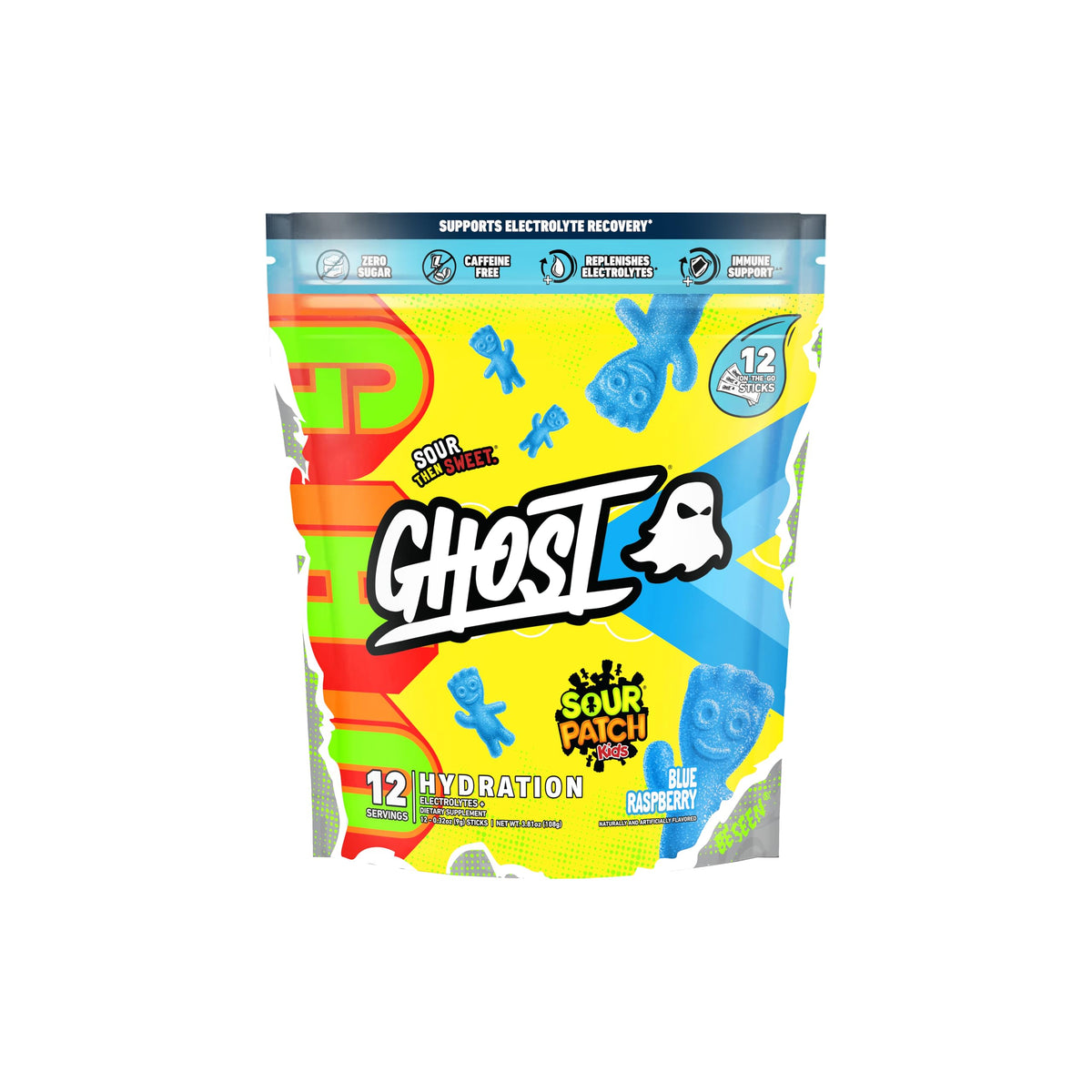 Ghost Hydration Sour Patch Kids Blue Raspberry stick dissolving in water, refreshing electrolytes.