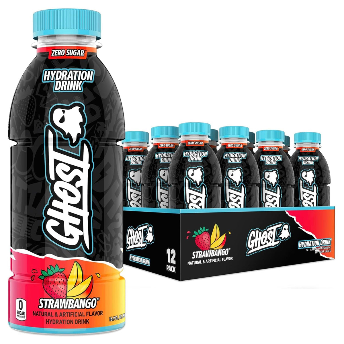 GHOST Hydration Strawbango bottle front with bold flavor and electrolytes.