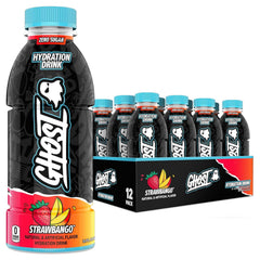 GHOST Hydration Strawbango bottle front with bold flavor and electrolytes.