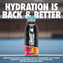 Pour shot of Strawbango hydration in glass for on-the-go refreshment.