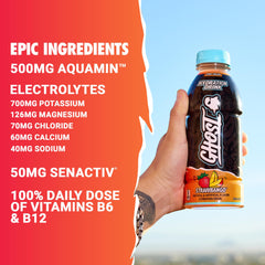 Close-up of GHOST Hydration transparent label showing ingredients and no sugars.