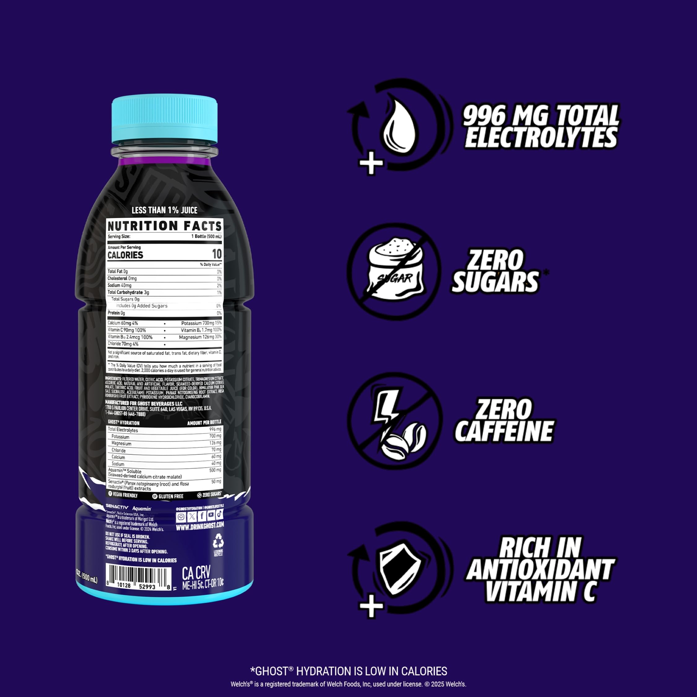 GHOST Hydration Welch’s Grape bottle back with full ingredient disclosure.
