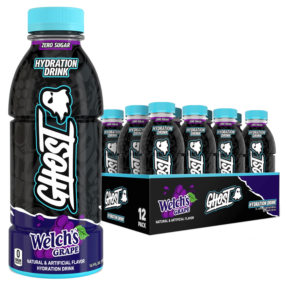 GHOST Hydration Welch’s Grape bottle front showing electrolyte blend for active days.