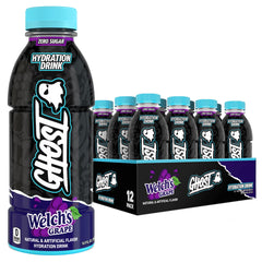 GHOST Hydration Welch’s Grape bottle front showing electrolyte blend for active days.