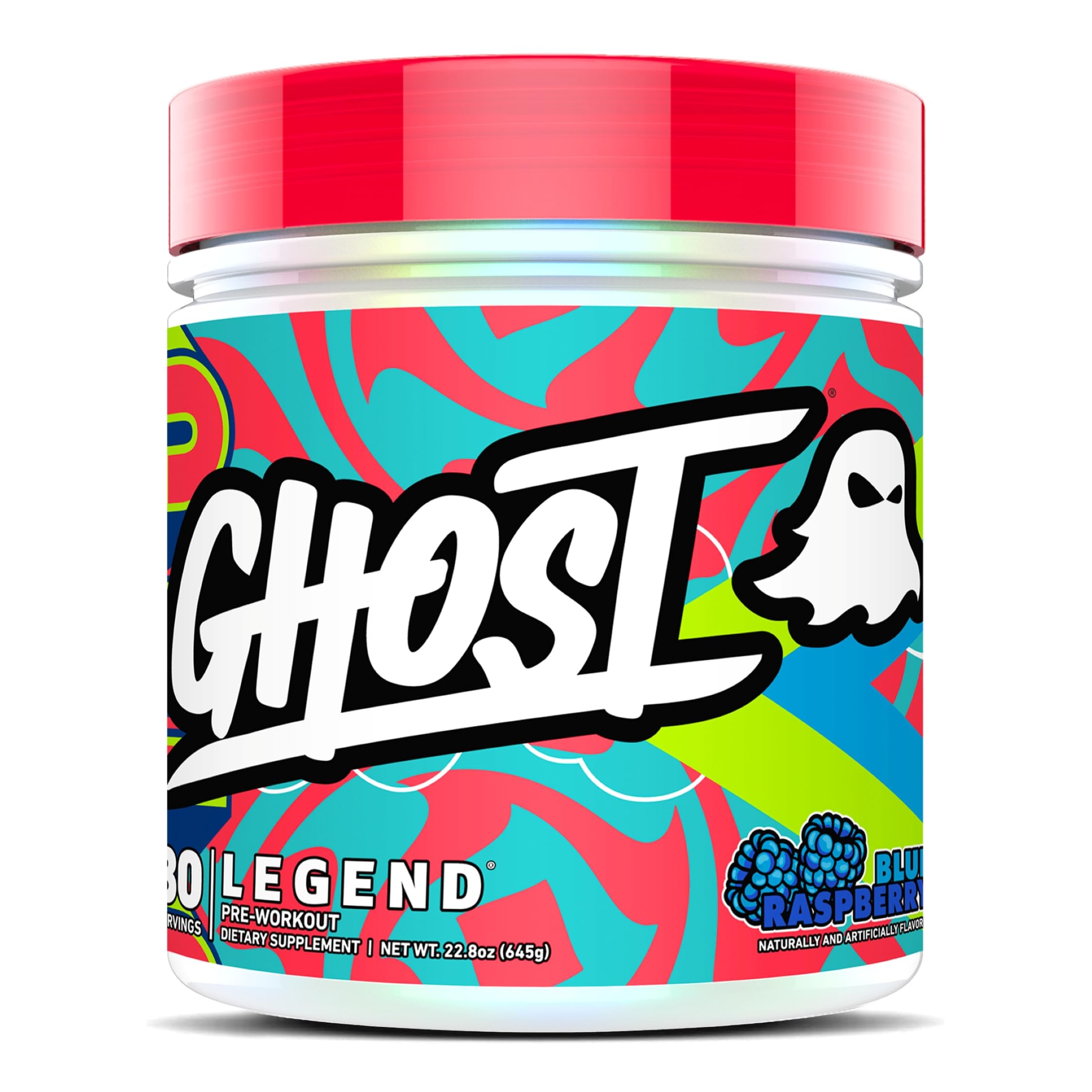GHOST Legend blue raspberry tub showcasing premium pre-workout formula