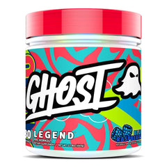 GHOST Legend blue raspberry tub showcasing premium pre-workout formula