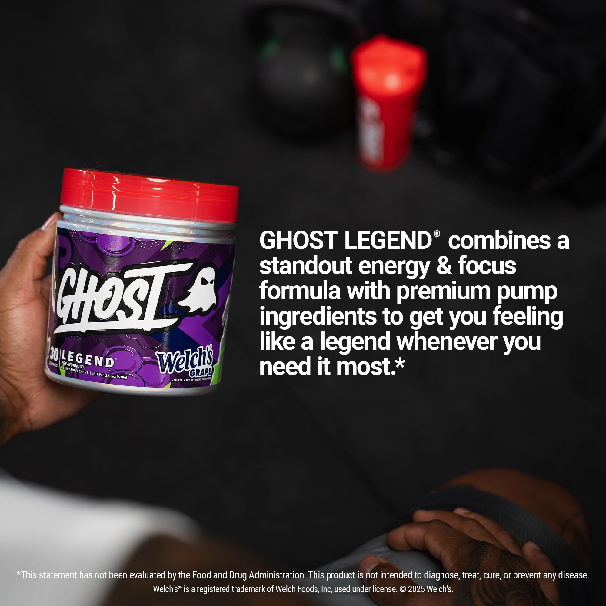Ghost Legend bottle on a gym bag conveys premium status and on-the-go workout readiness.