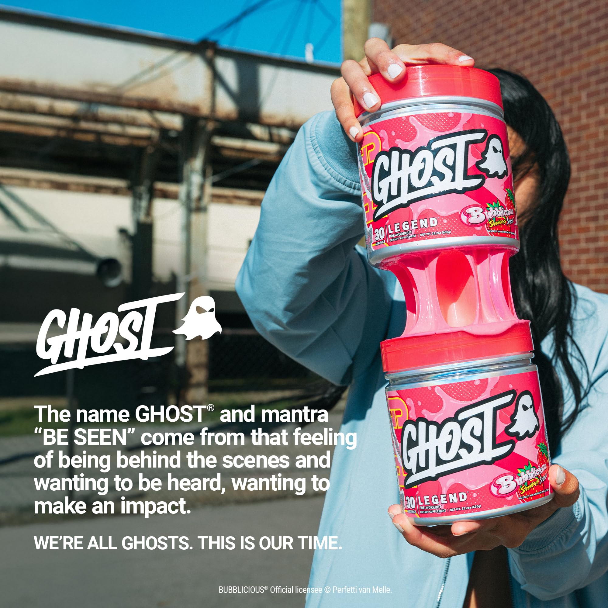Gym setup with Ghost Legend Bubblicious Strawberry Splash indicating focus and drive.