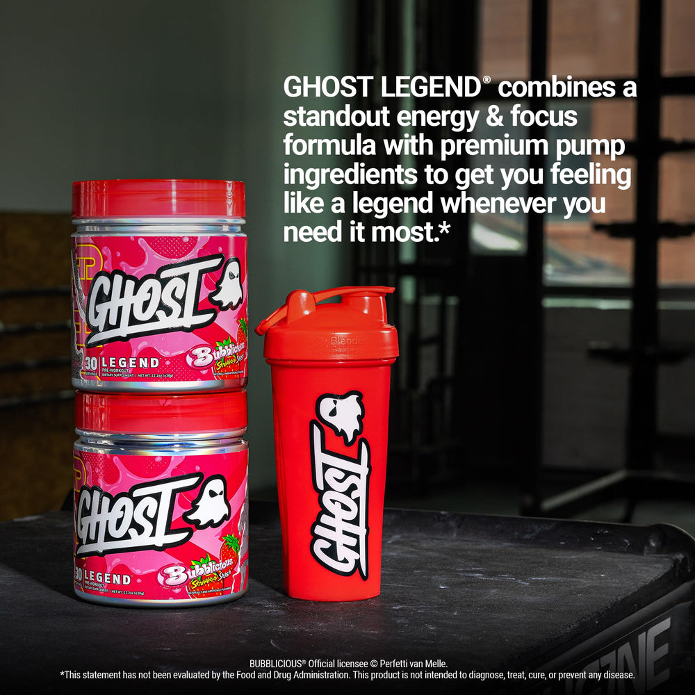 Label close-up on Ghost Legend Bubblicious Strawberry Splash shows transparent formula and disclosures.
