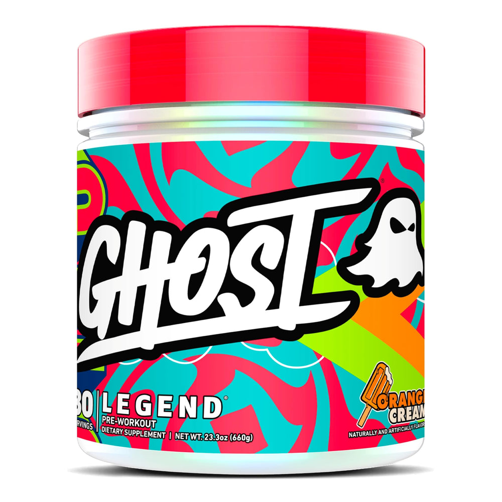 GHOST Legend Orange Cream powder tub showing vegan friendly pre-workout label.
