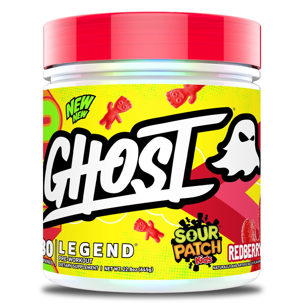 GHOST Legend pre-workout Sour Patch Kids Redberry bottle pour fuels focus and energy