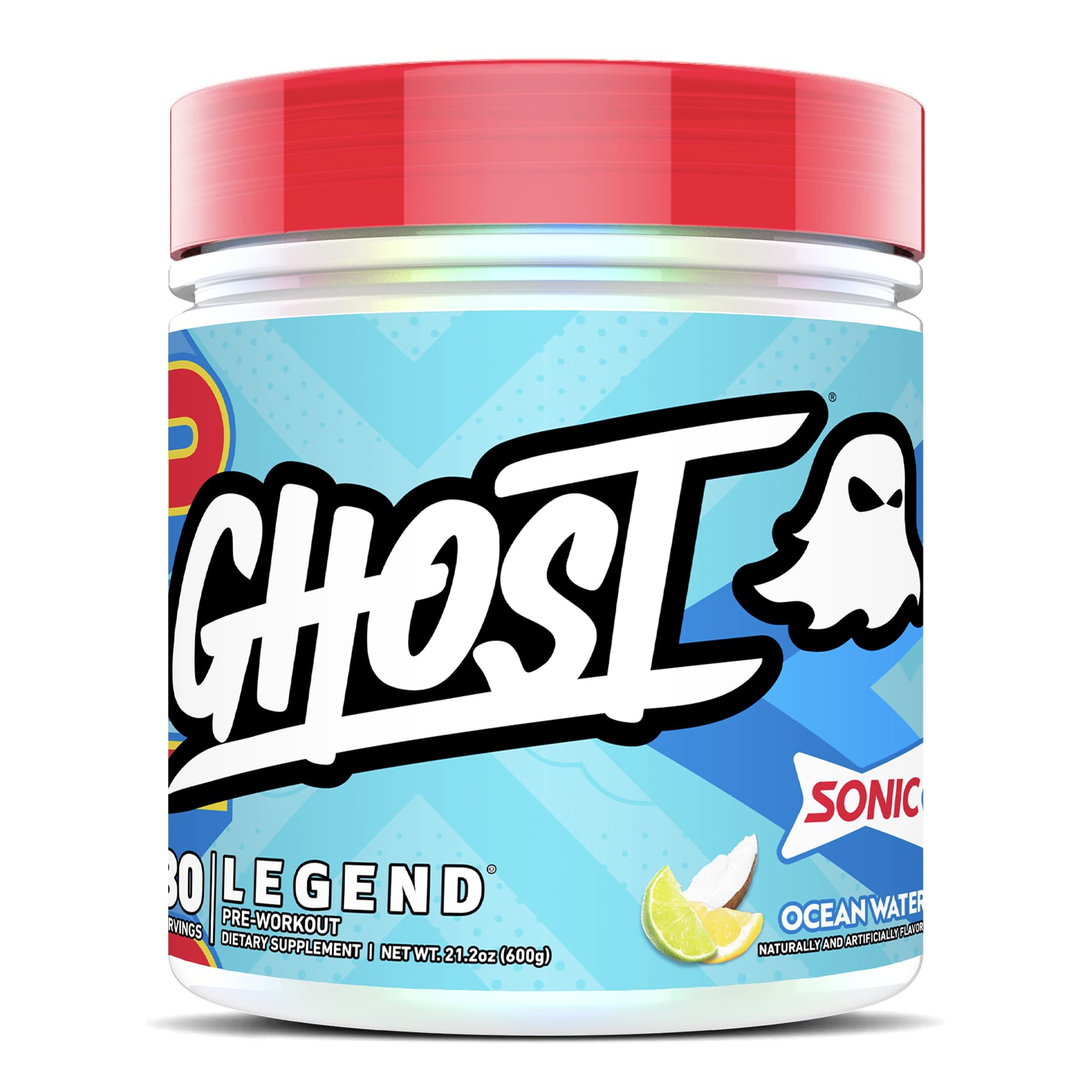 GHOST Legend pre-workout tub in Sonic Ocean Water flavor ready for workout energy.