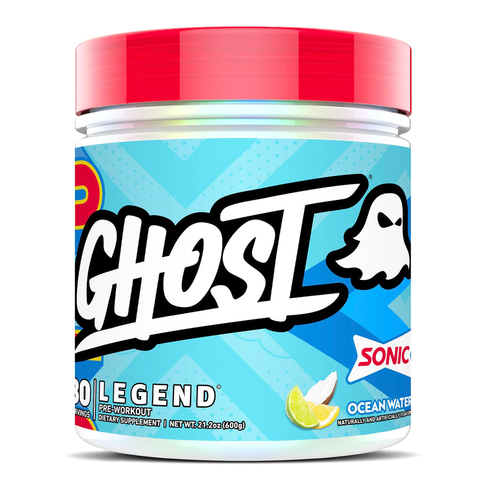 GHOST Legend pre-workout tub in Sonic Ocean Water flavor ready for workout energy.