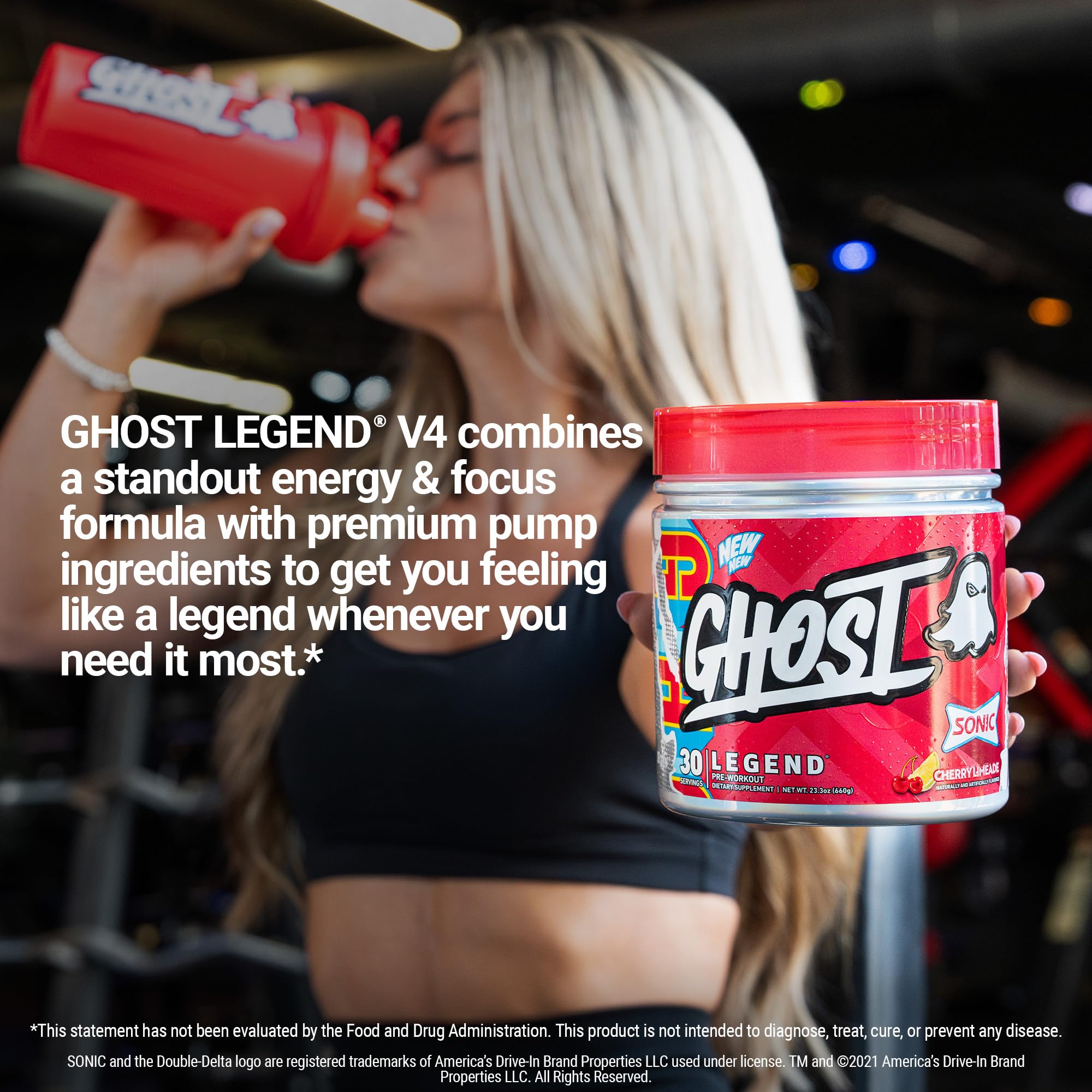 Ghost Legend shaker with prepared drink highlighting a clean, sugar-free formula.