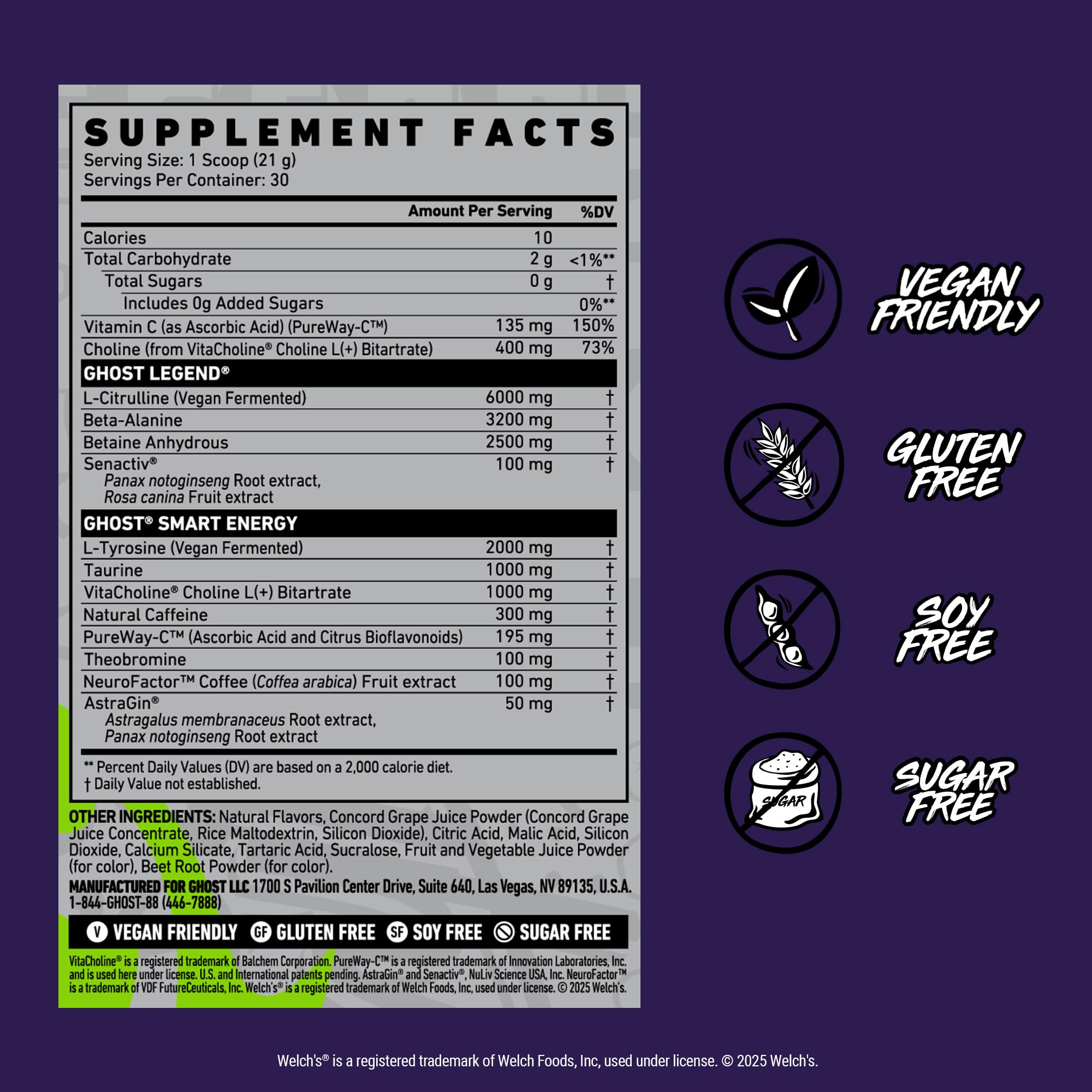 Ghost Legend packaging highlights vegan-friendly, gluten-free formula for clean-energy workouts.