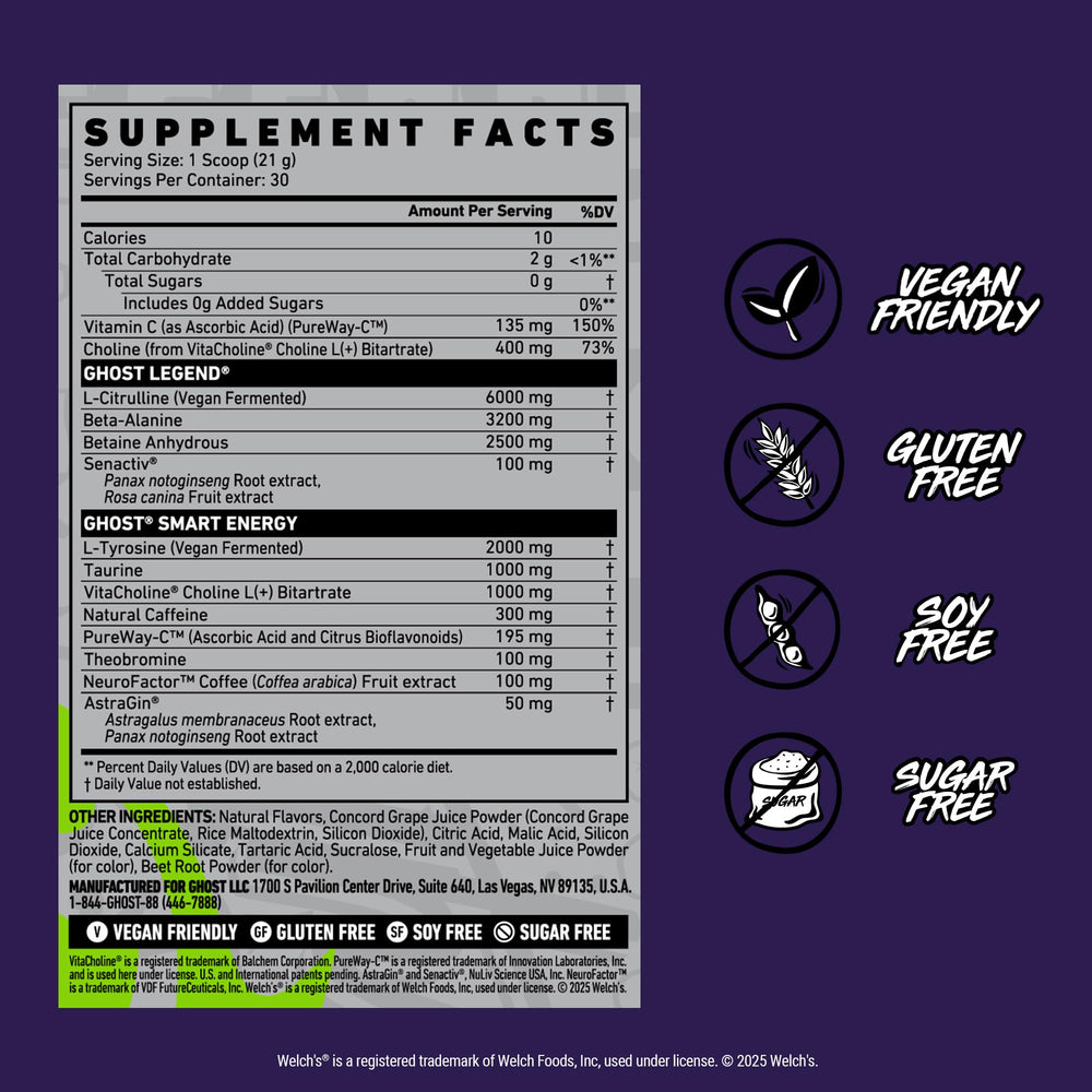 Ghost Legend packaging highlights vegan-friendly, gluten-free formula for clean-energy workouts.