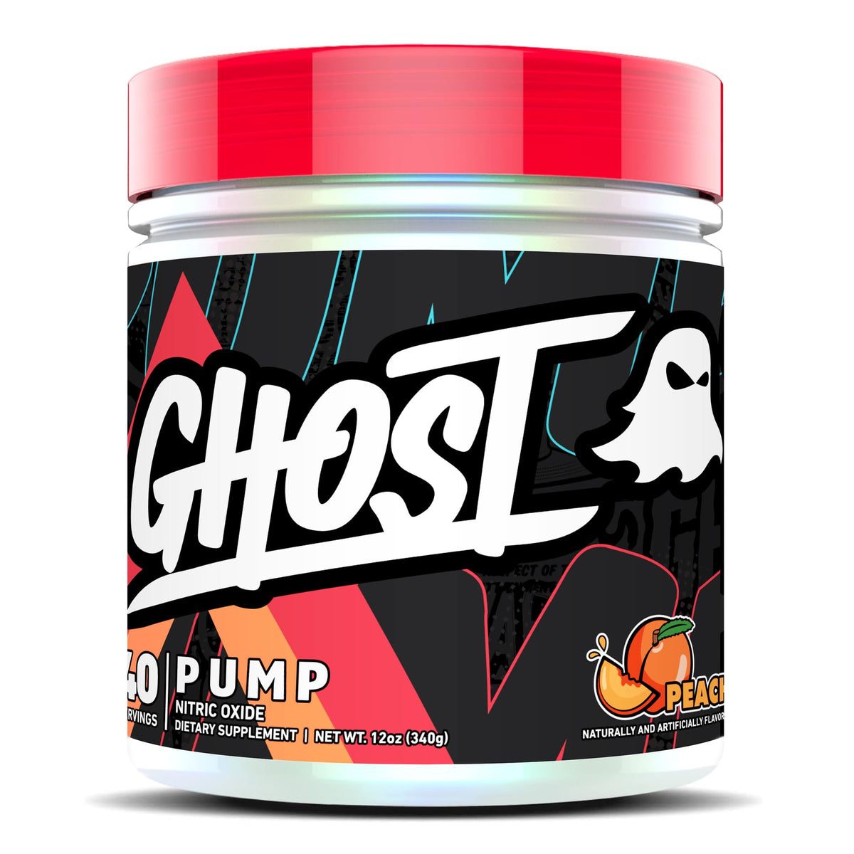 GHOST Pump Peach bottle pour, illustrating stimulant-free pre-workout for a clean pump
