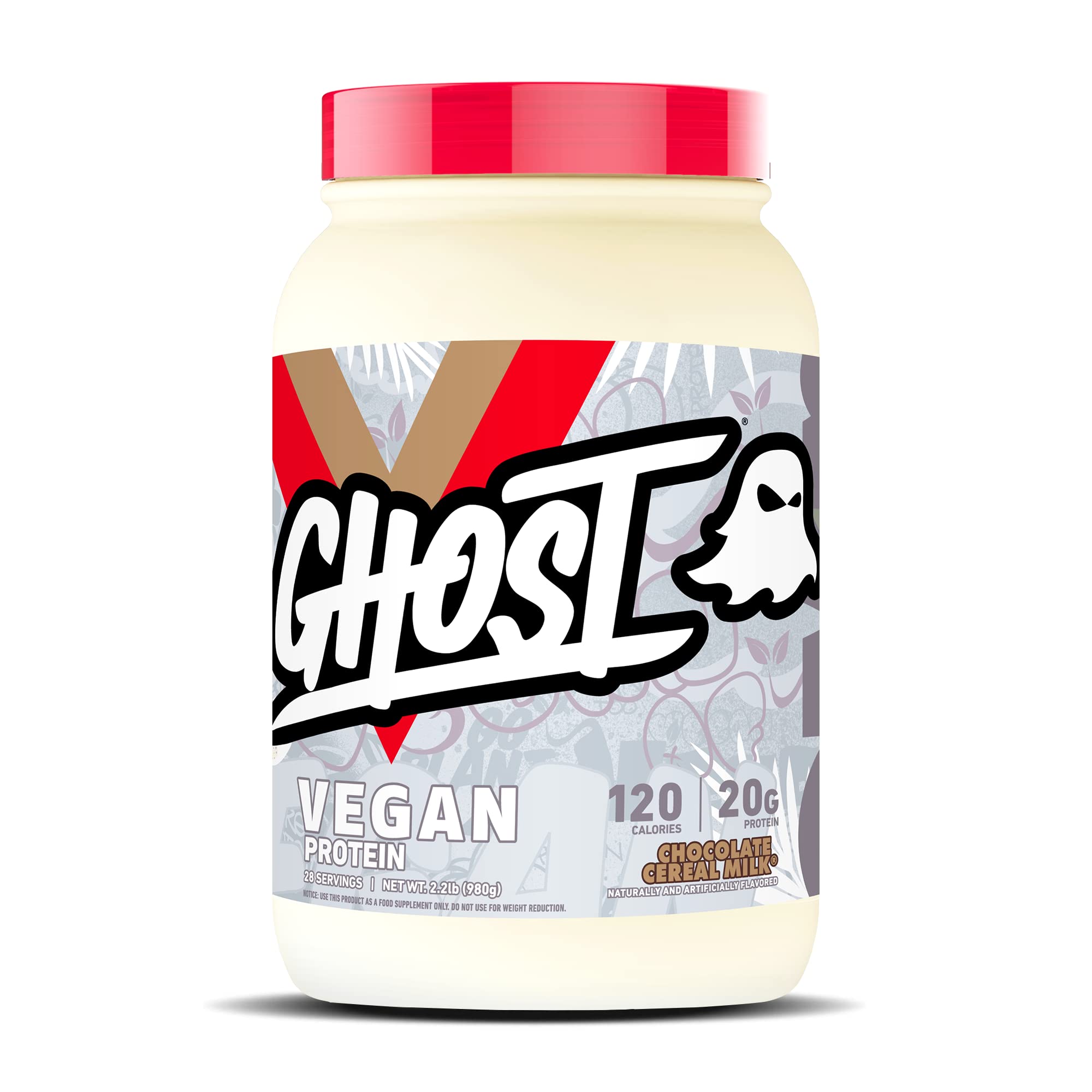 GHOST Vegan Protein Powder Chocolate Cereal Milk tub with transparent label highlight