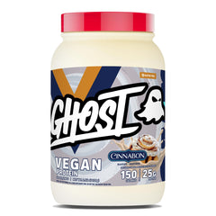 GHOST Vegan V2 Cinnabon tub label shows 25g protein per serving.
