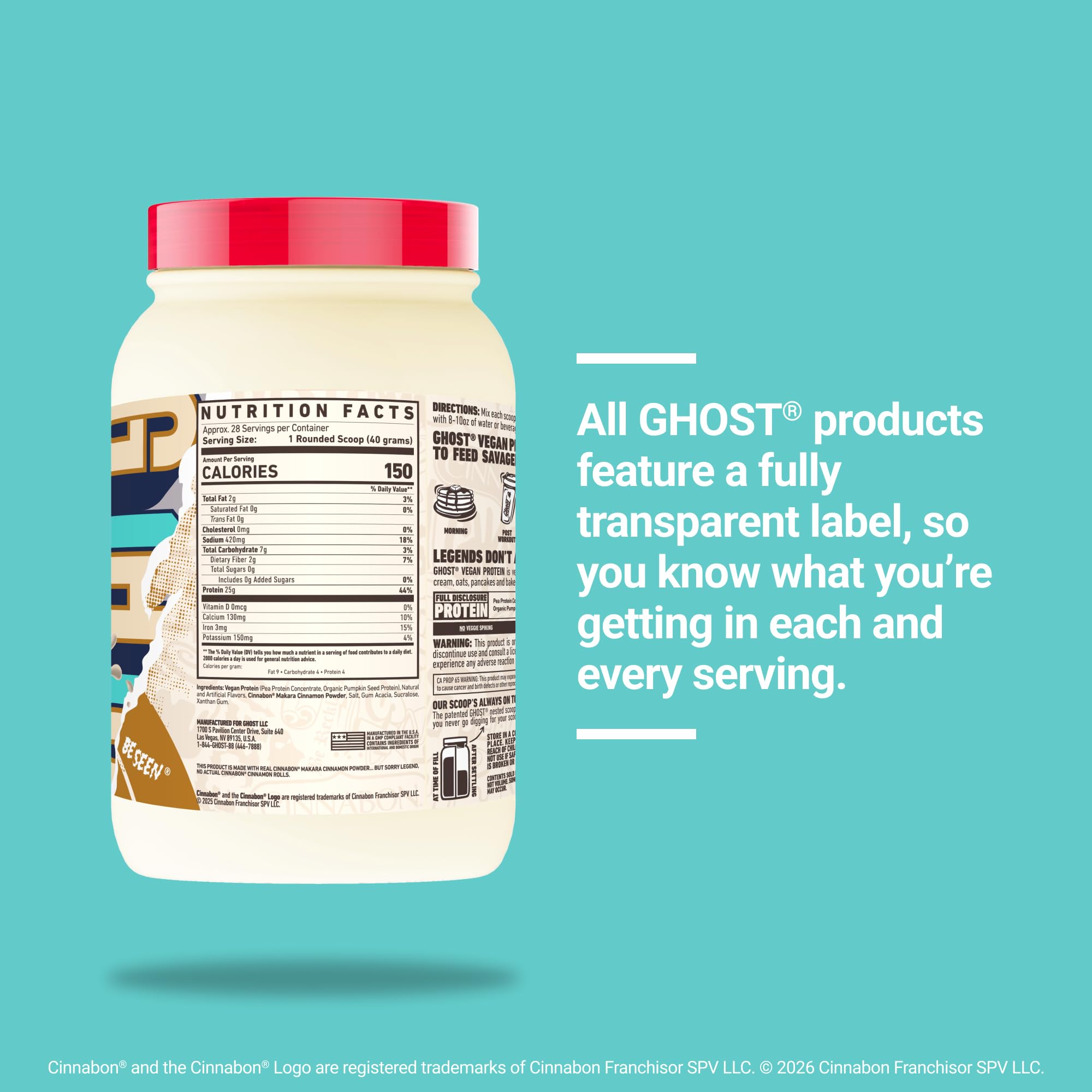 GHOST Vegan V2 tub with transparent label and disclosed ingredients.