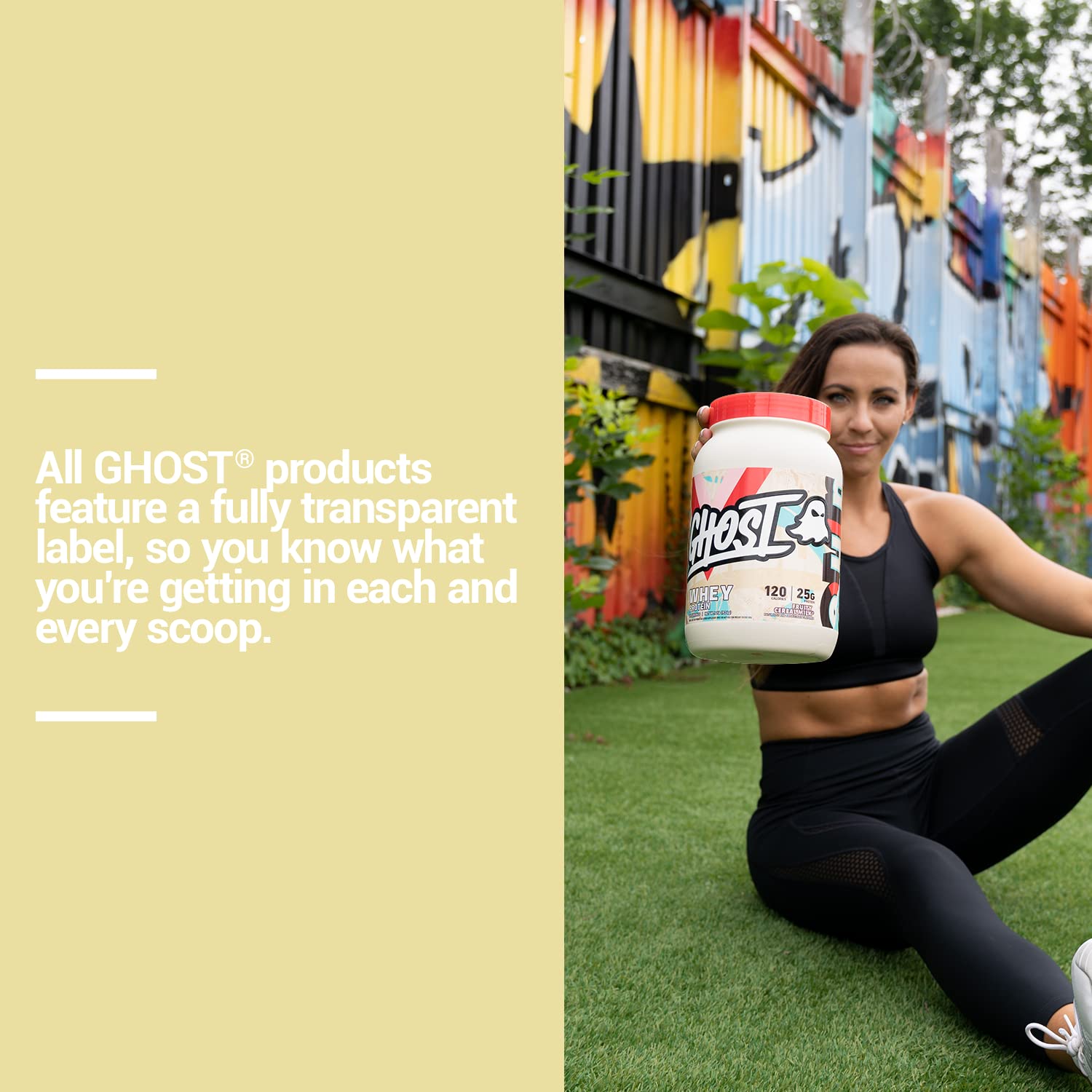 GHOST Whey Fruity Cereal Milk label closeup highlights transparent formulation.