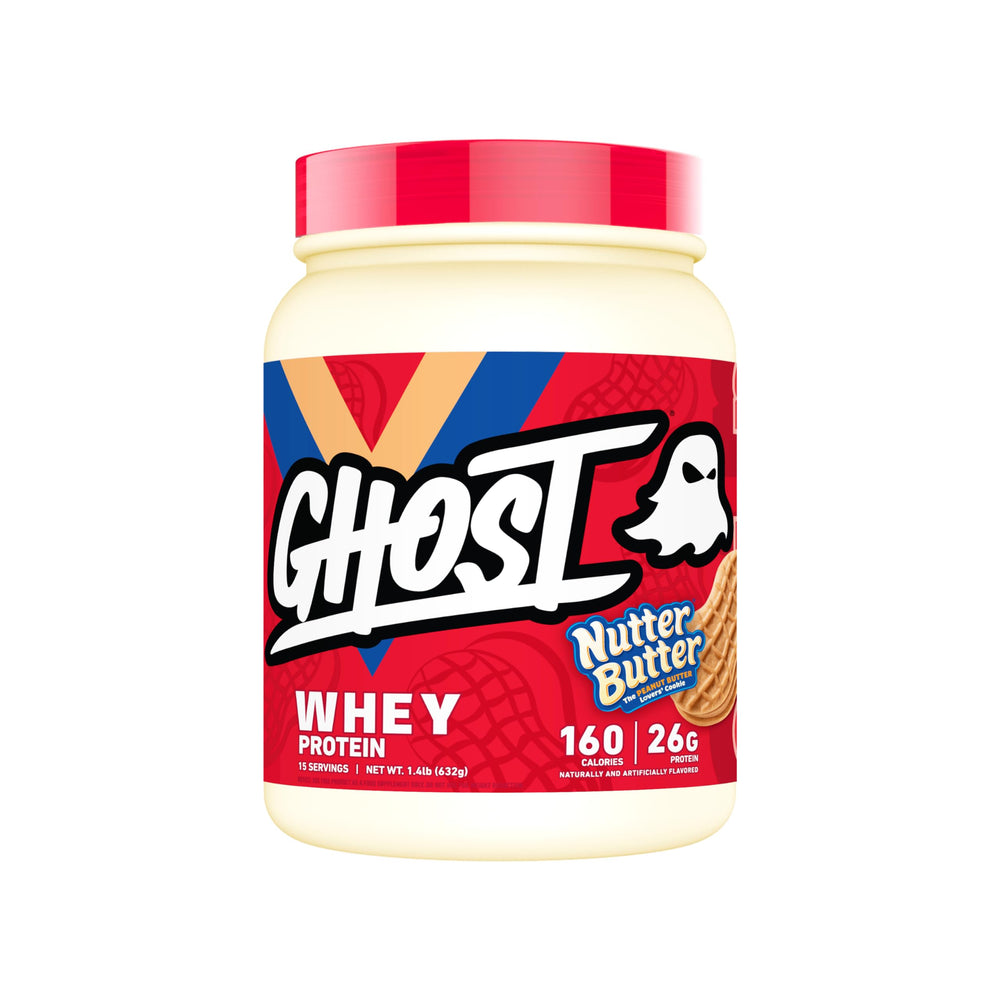 Ghost Whey Nutter Butter tub displaying premium protein blend for post-workout recovery.
