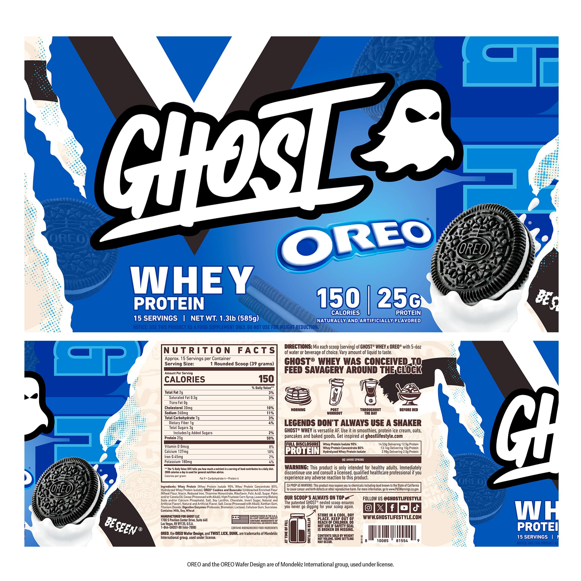 GHOST Whey Oreo tub and scoop show transparent label and blend.