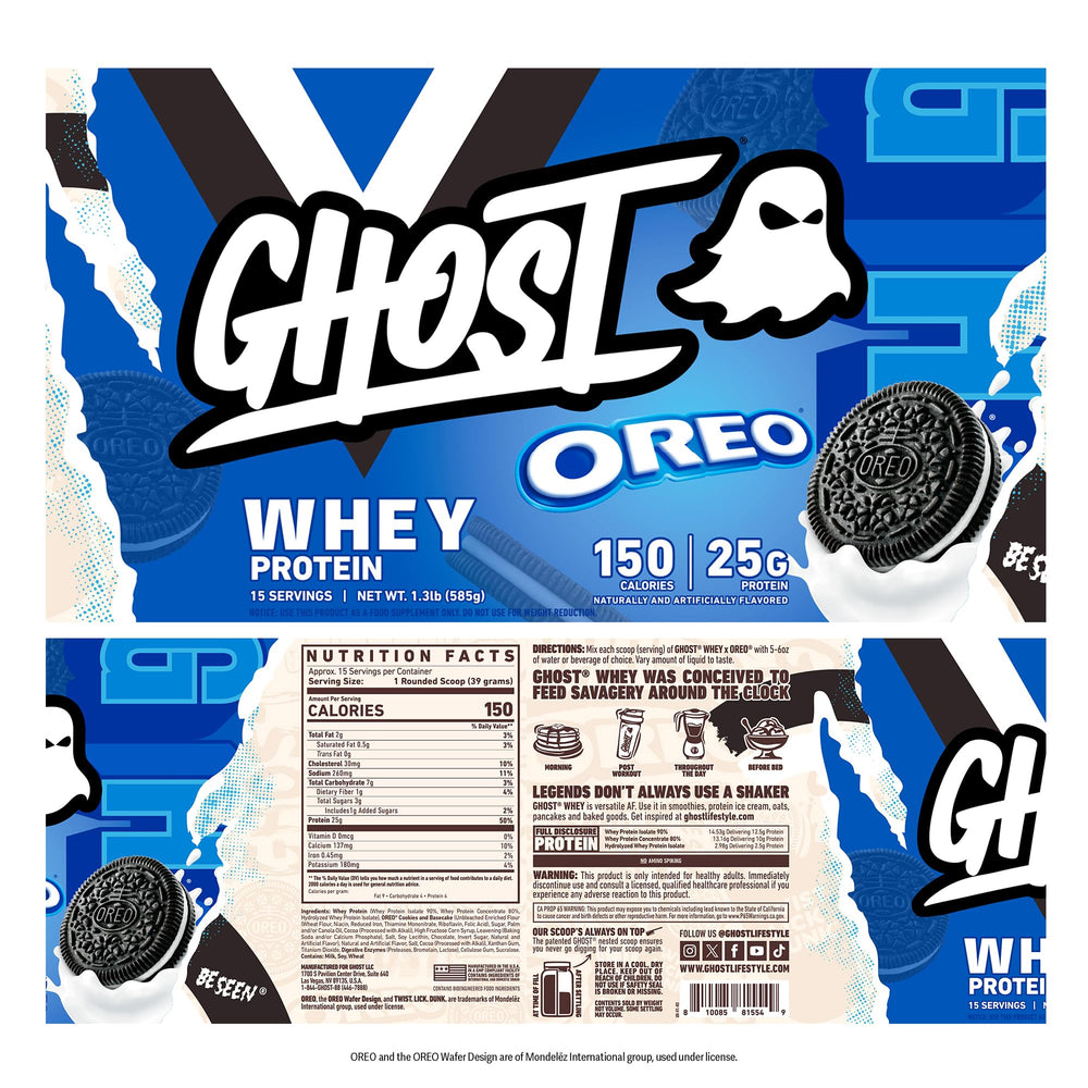 GHOST Whey Oreo tub and scoop show transparent label and blend.