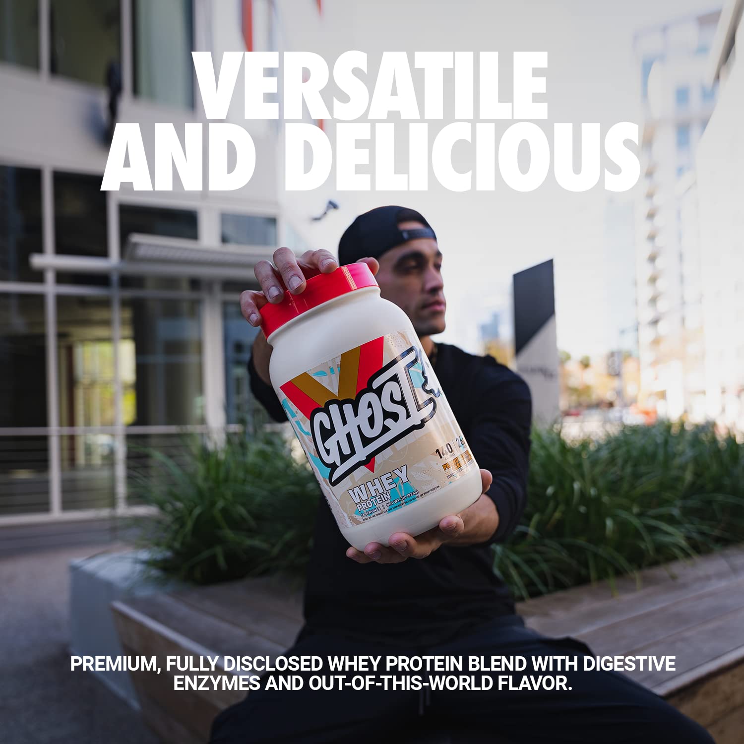 GHOST Whey Peanut Butter Cereal Milk scoop highlights the protein blend and flavor.