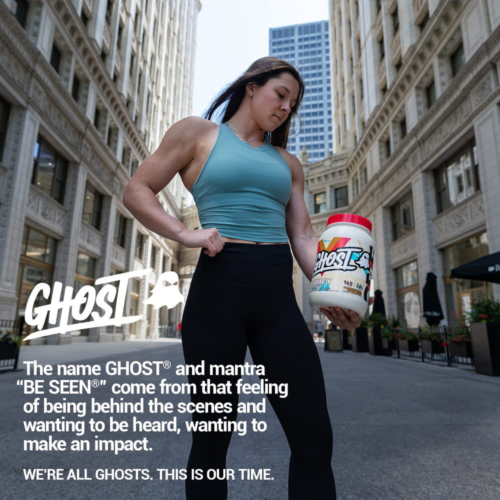GHOST Whey Peanut Butter Cereal Milk tub back label shows gluten-free and soy-free formulation.