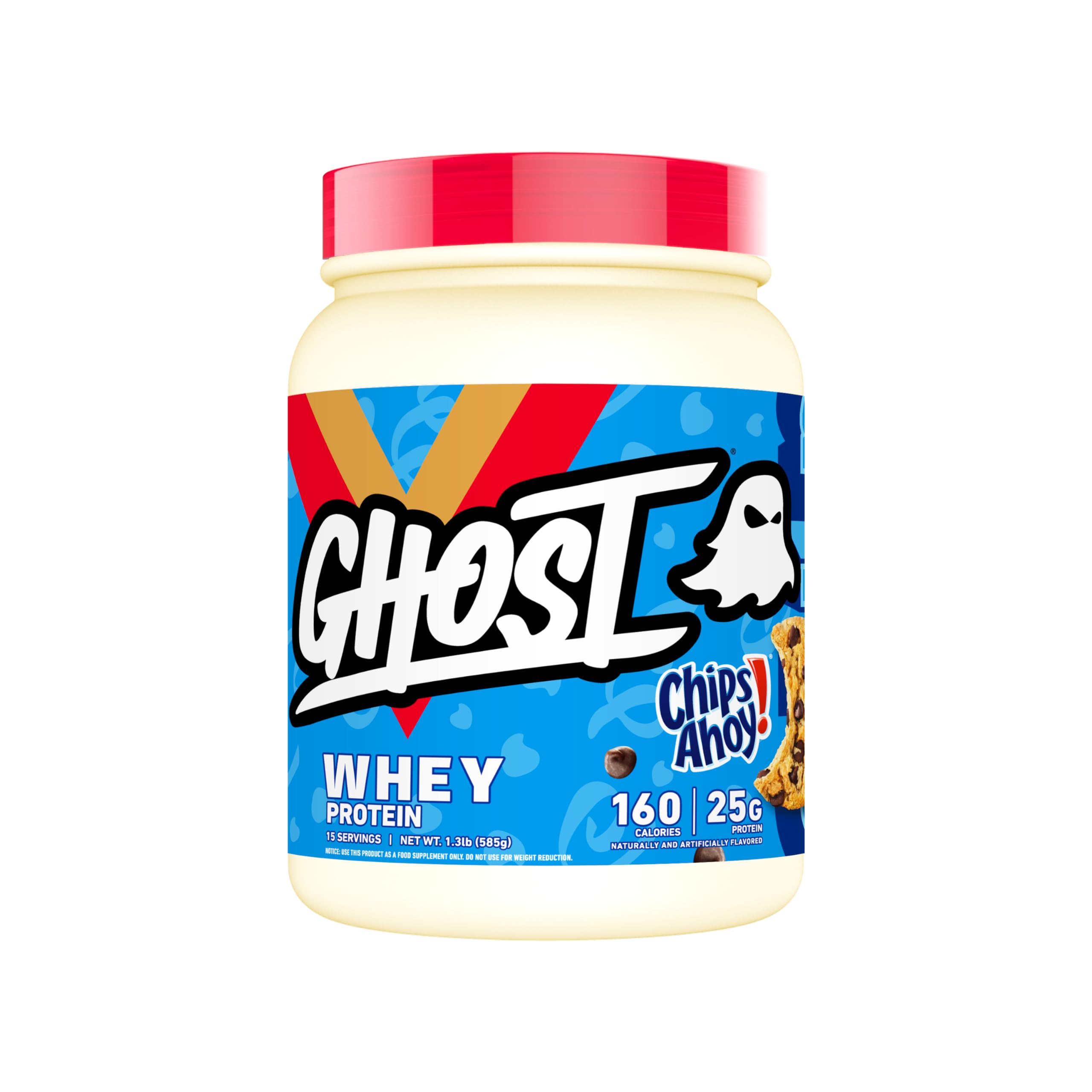 GHOST Whey Chips Ahoy tub with real cookie pieces for post-workout flavor.