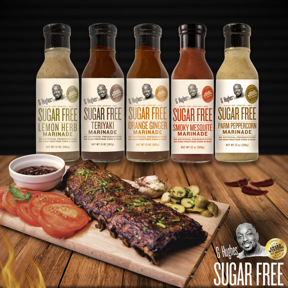 G Hughes label closeup emphasizes gluten-free and sugar-free promise