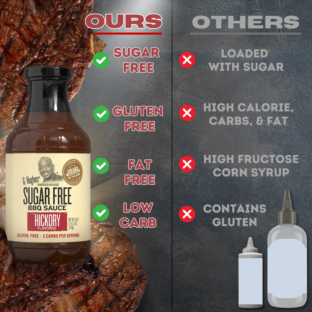 Close-up of G Hughes Hickory label highlighting gluten free and sugar free.