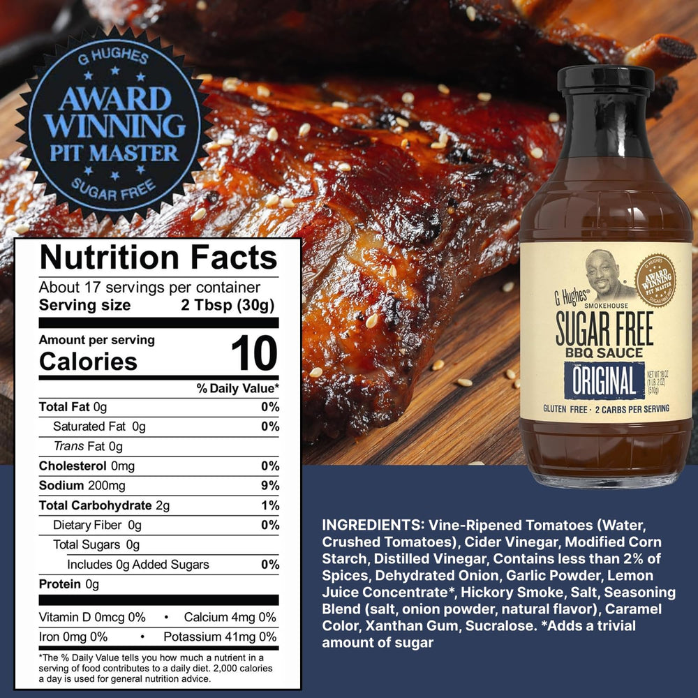 Pouring G Hughes Sugar Free Hickory BBQ sauce over grilled chicken for flavor.