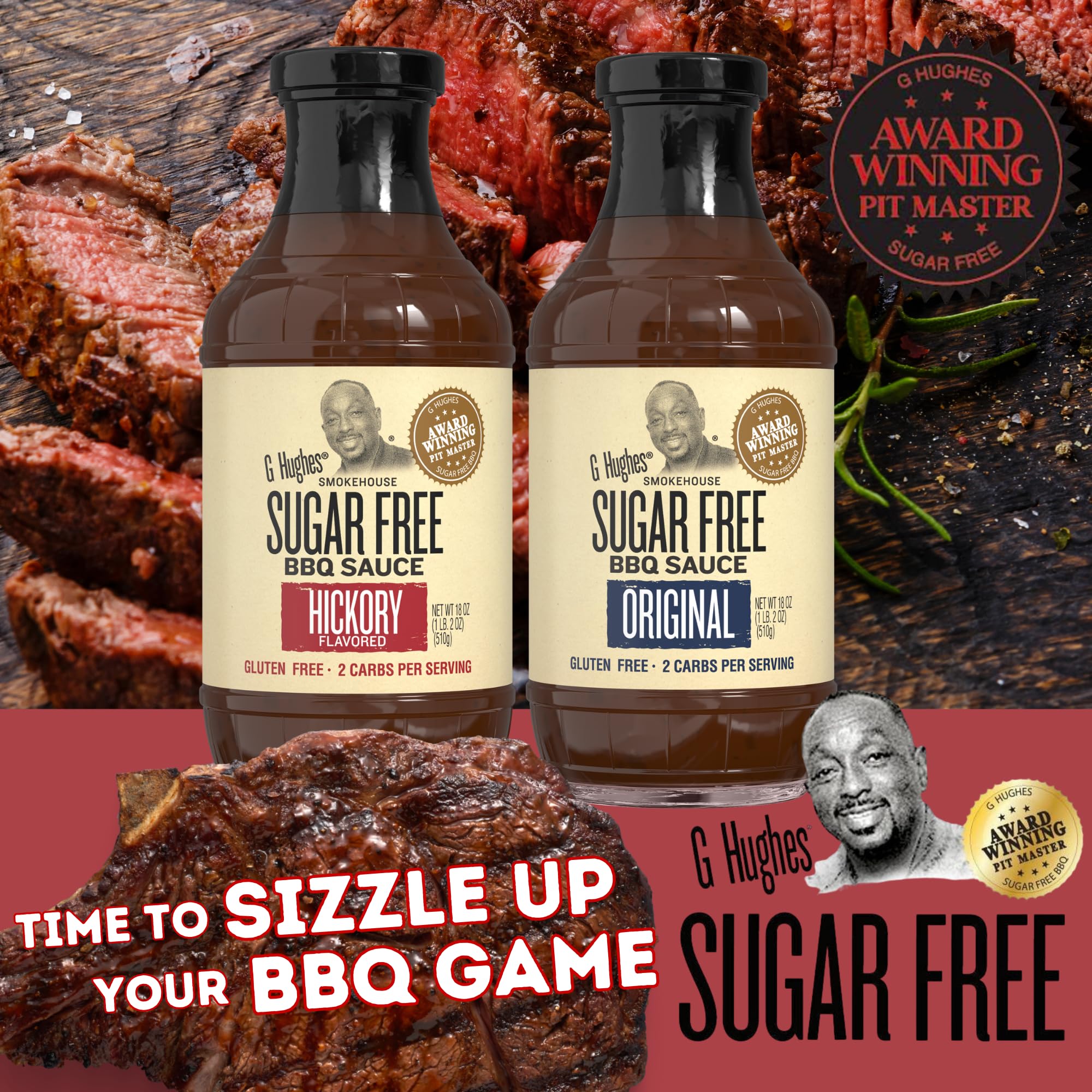 Pouring G Hughes Sugar Free Original BBQ sauce over burgers for tang.