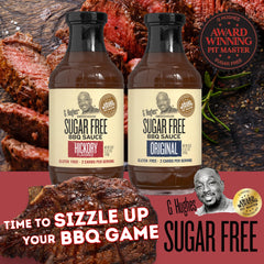 Pouring G Hughes Sugar Free Original BBQ sauce over burgers for tang.
