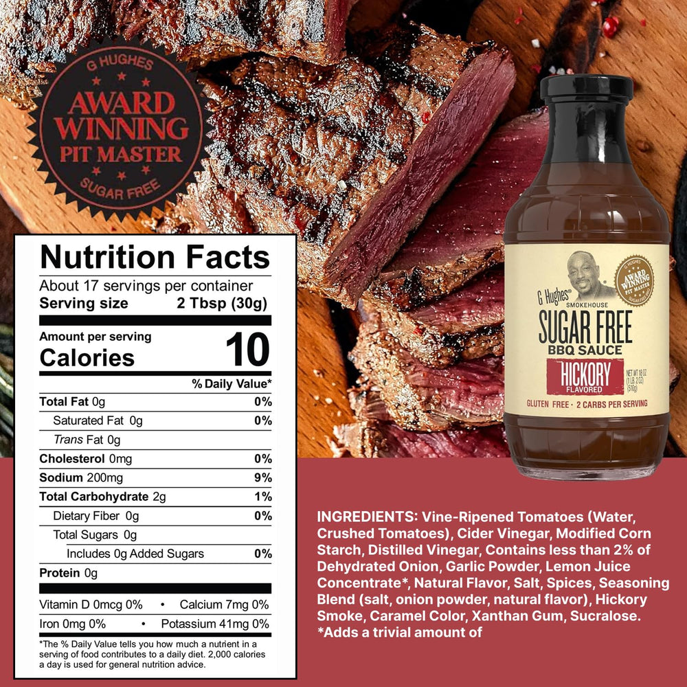 G Hughes Sugar Free Original BBQ sauce bottle on kitchen counter for versatile meals.