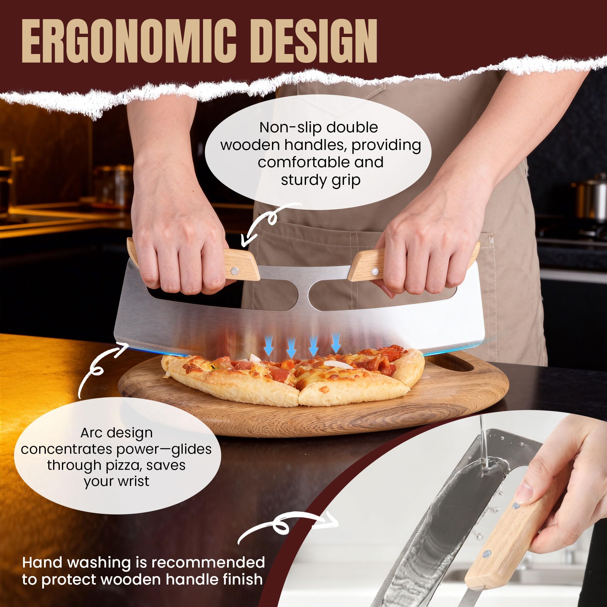 Gicyiit ergonomic double wooden handles provide secure, comfortable grip.